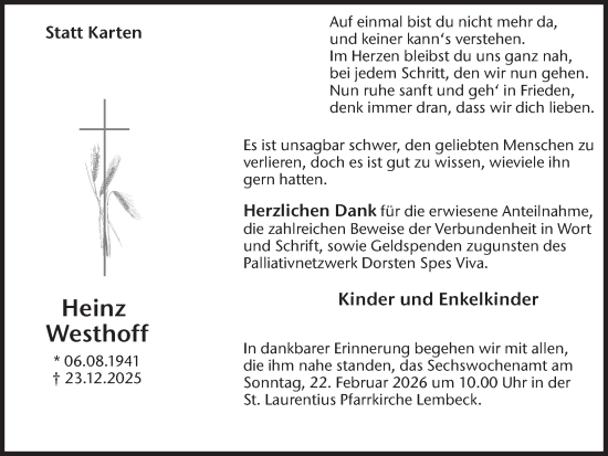 Traueranzeige von Heinz Westhoff von Ruhr Nachrichten und Dorstener Zeitung