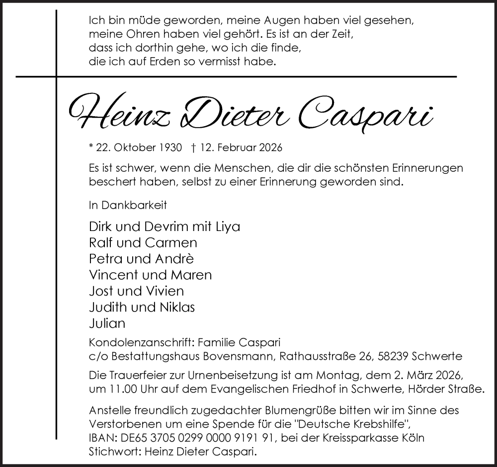  Traueranzeige für Heinz Dieter Caspari vom 25.02.2026 aus Ruhr Nachrichten