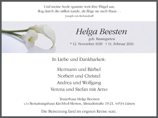 Traueranzeige von Helga Beesten von Ruhr Nachrichten