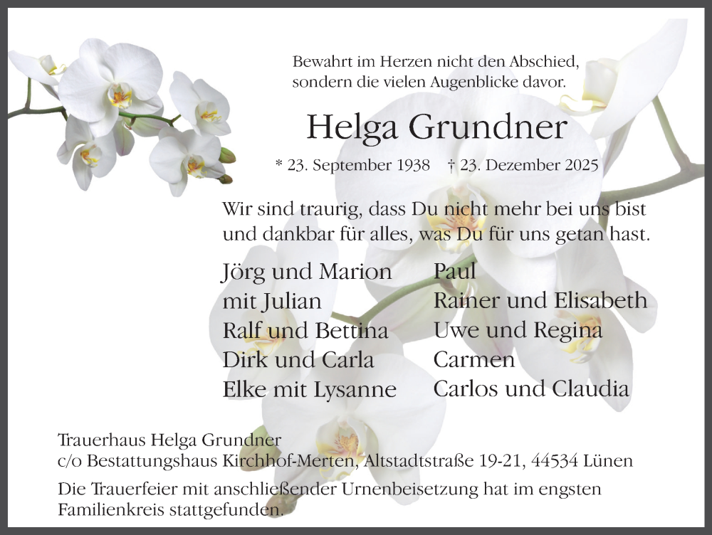  Traueranzeige für Helga Grundner vom 07.02.2026 aus Ruhr Nachrichten