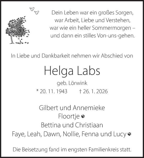 Traueranzeige von Helga Labs 