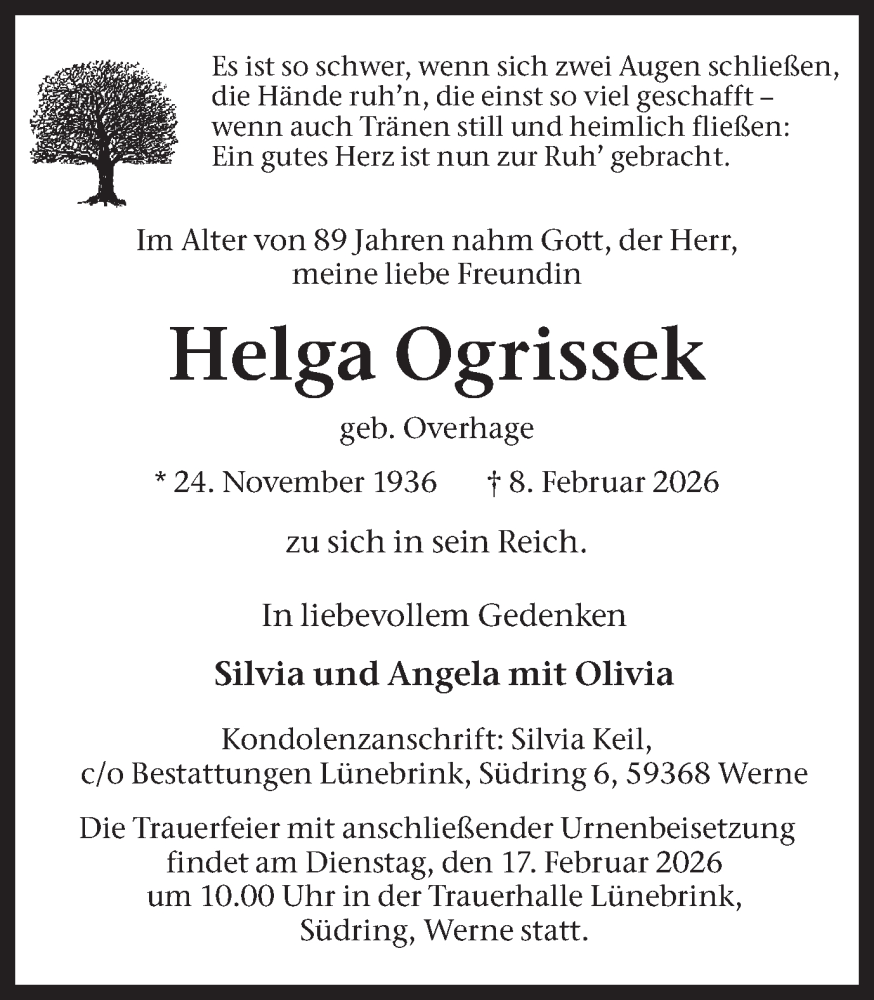  Traueranzeige für Helga Ogrissek vom 14.02.2026 aus Ruhr Nachrichten