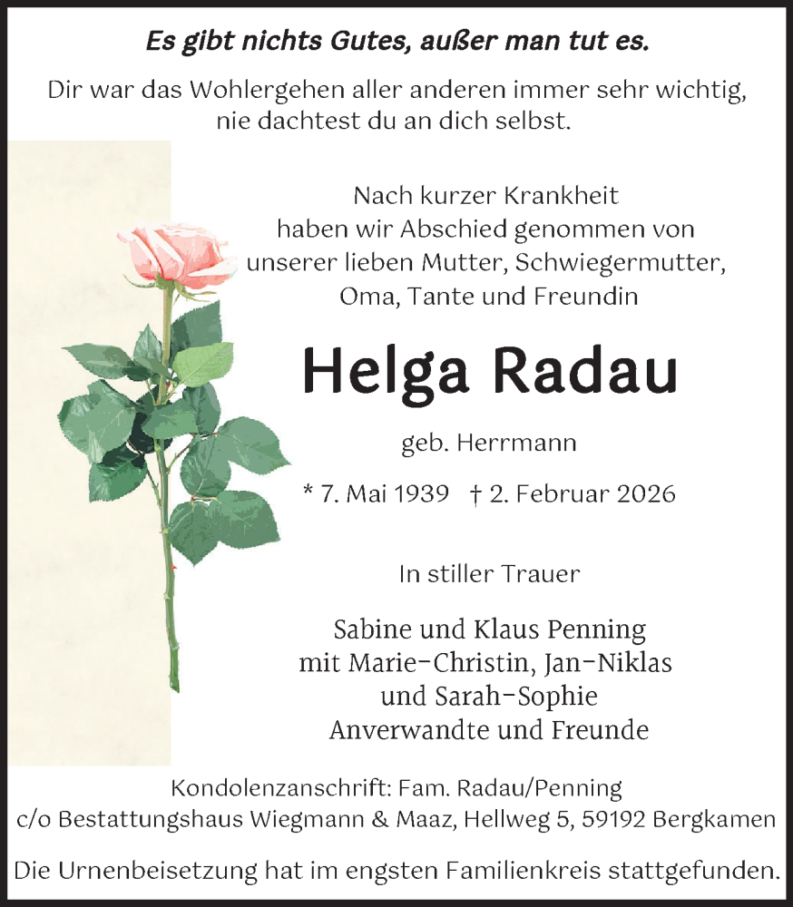  Traueranzeige für Helga Radau vom 28.02.2026 aus Hellweger Anzeiger