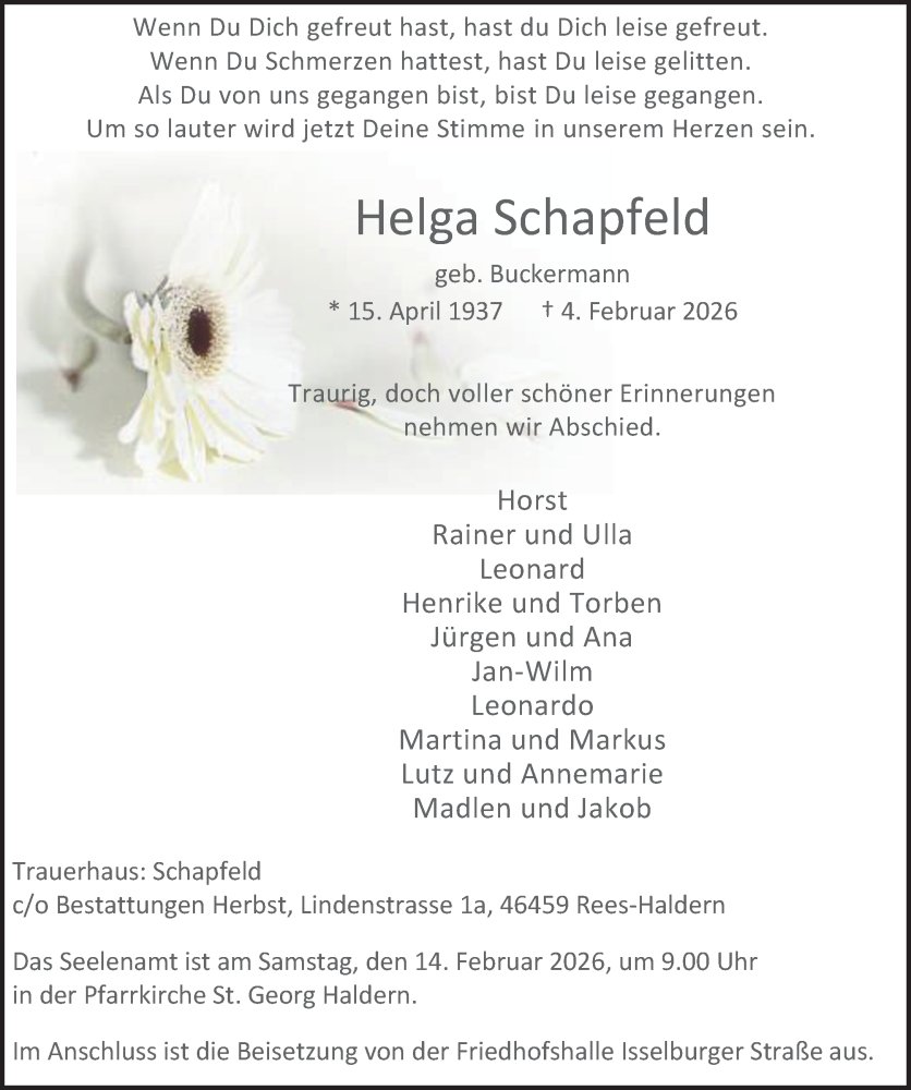  Traueranzeige für Helga Schapfeld vom 07.02.2026 aus 