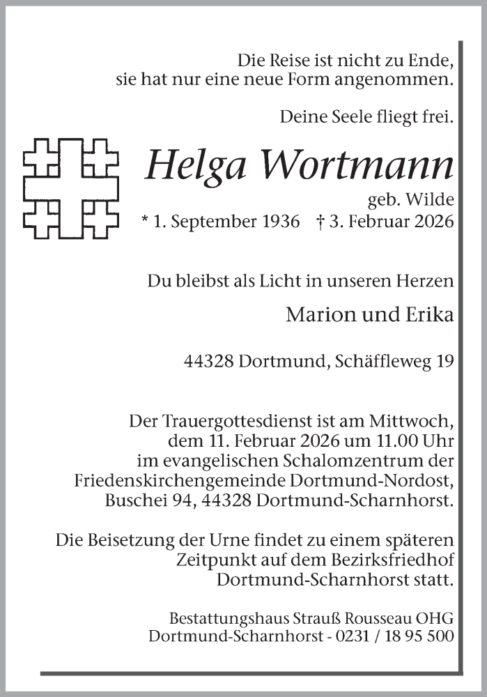 Traueranzeige für Helga Wortmann vom 07.02.2026 aus Ruhr Nachrichten