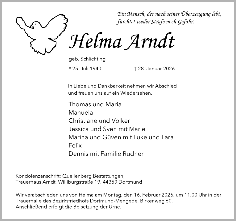  Traueranzeige für Helma Arndt vom 07.02.2026 aus Ruhr Nachrichten
