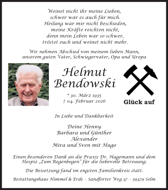 Traueranzeige von Helmut Bendowski von Ruhr Nachrichten