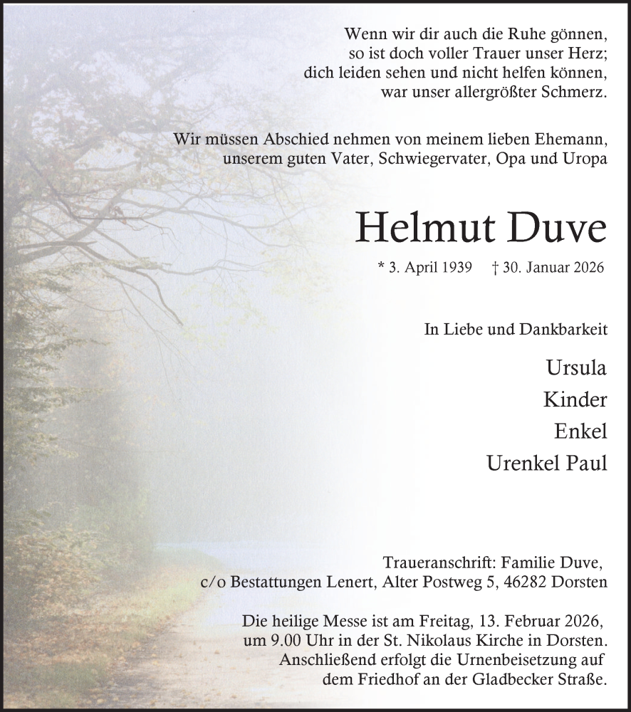  Traueranzeige für Helmut Duve vom 07.02.2026 aus Ruhr Nachrichten und Dorstener Zeitung