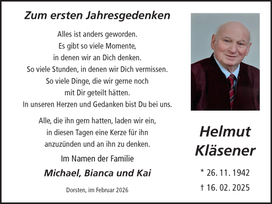 Traueranzeige von Helmut Kläsener von Ruhr Nachrichten und Dorstener Zeitung