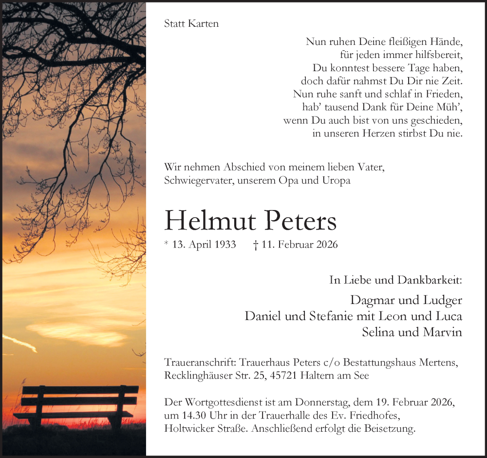  Traueranzeige für Helmut Peters vom 14.02.2026 aus Ruhr Nachrichten und Halterner Zeitung