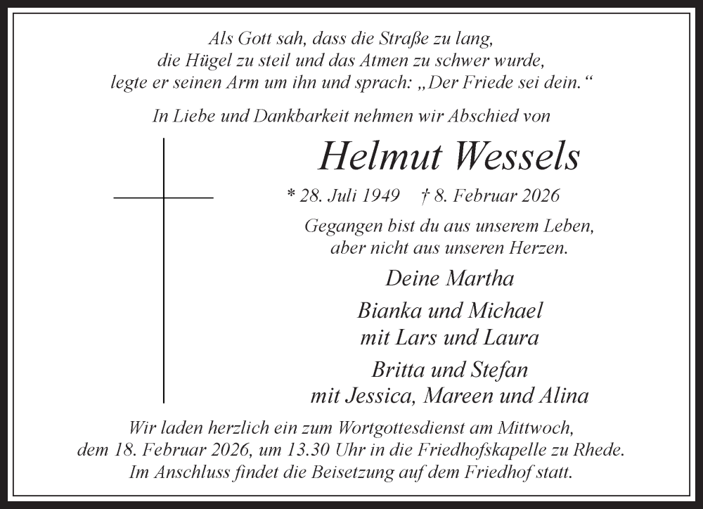  Traueranzeige für Helmut Wessels vom 13.02.2026 aus 