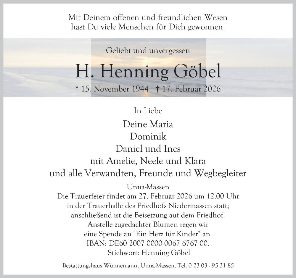  Traueranzeige für Henning Göbel vom 21.02.2026 aus Hellweger Anzeiger