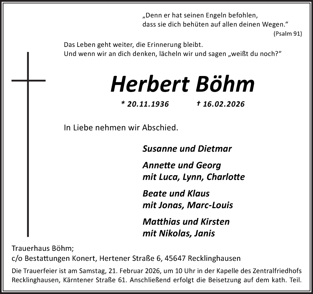  Traueranzeige für Herbert Böhm vom 19.02.2026 aus Trauer Vest