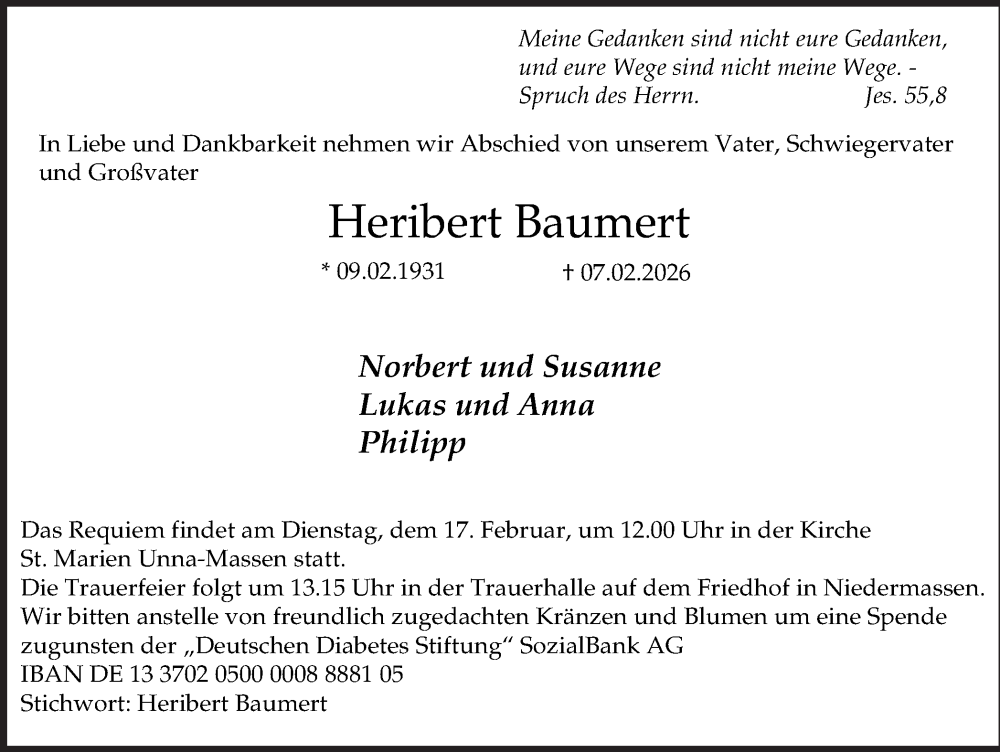  Traueranzeige für Heribert Baumert vom 14.02.2026 aus Hellweger Anzeiger