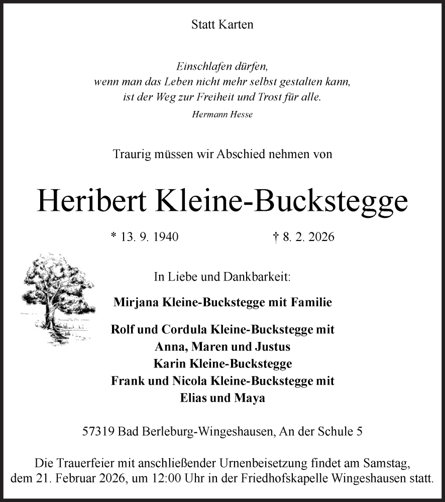  Traueranzeige für Heribert Kleine-Buckstegge vom 14.02.2026 aus Ruhr Nachrichten und Dorstener Zeitung