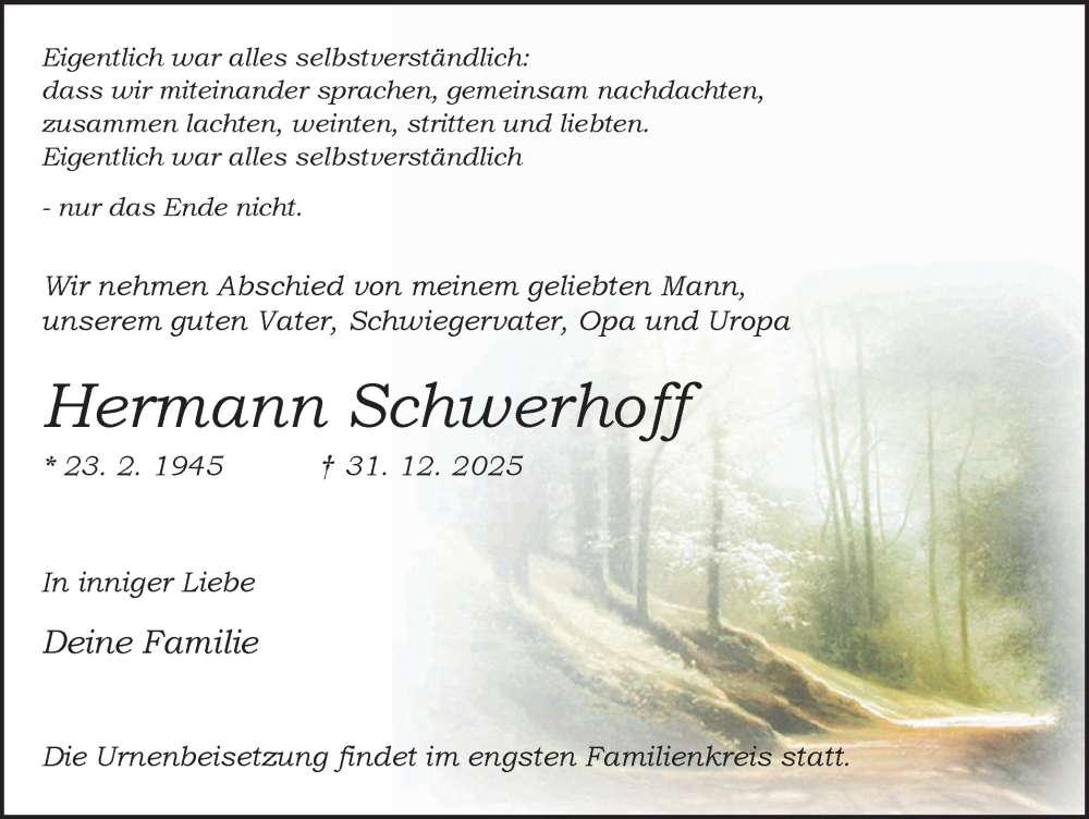  Traueranzeige für Hermann Schwerhoff vom 14.02.2026 aus Ruhr Nachrichten und Dorstener Zeitung