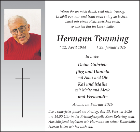 Traueranzeige von Hermann Temming von Münsterland Zeitung