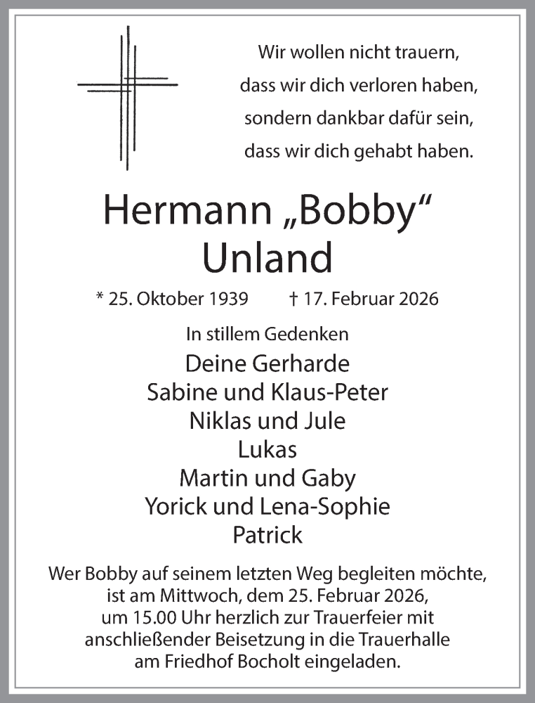  Traueranzeige für Hermann Unland vom 21.02.2026 aus 
