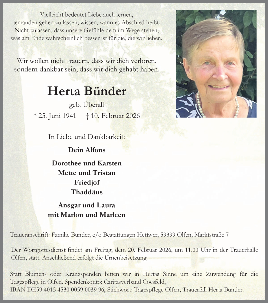  Traueranzeige für Herta Bünder vom 14.02.2026 aus Ruhr Nachrichten