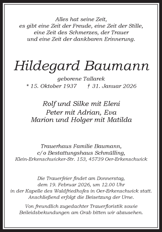 Traueranzeige von Hildegard Baumann von Trauer Vest