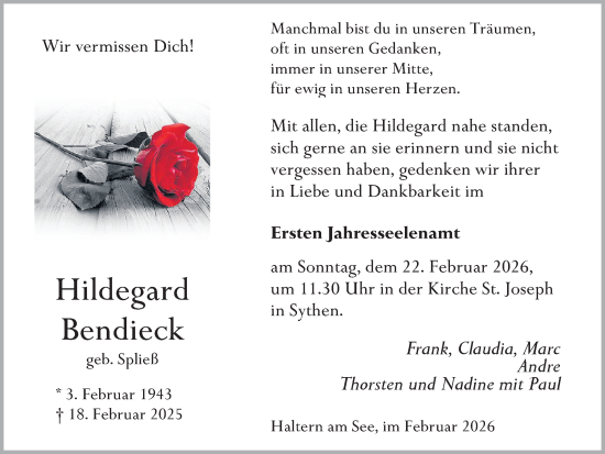 Traueranzeige von Hildegard Bendieck von Ruhr Nachrichten und Halterner Zeitung