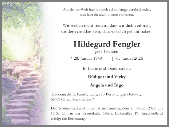 Traueranzeige von Hildegard Fengler von Ruhr Nachrichten
