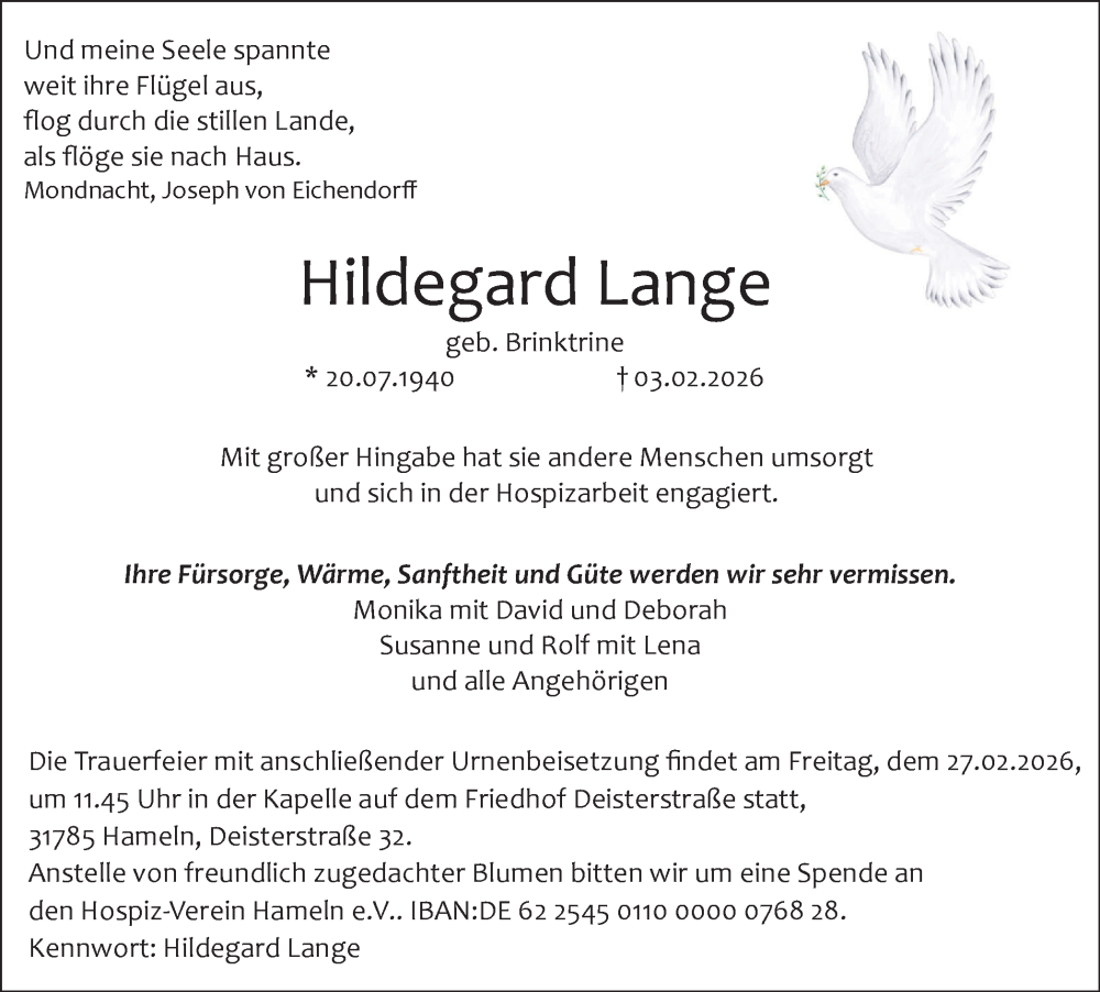 Traueranzeige für Hildegard Lange vom 21.02.2026 aus Hellweger Anzeiger