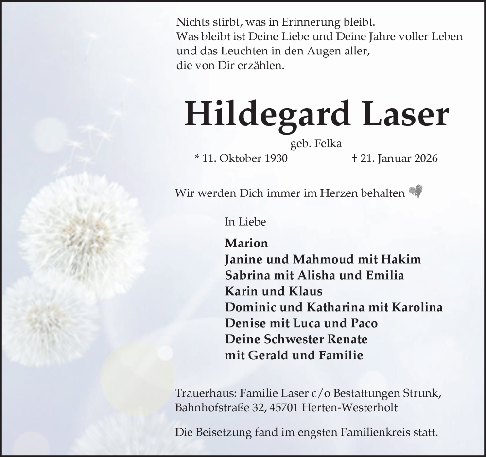  Traueranzeige für Hildegard Laser vom 14.02.2026 aus Trauer Vest