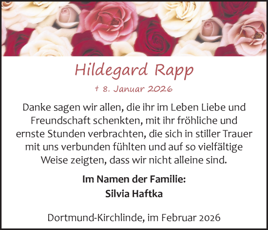 Traueranzeige von Hildegard Rapp von Ruhr Nachrichten