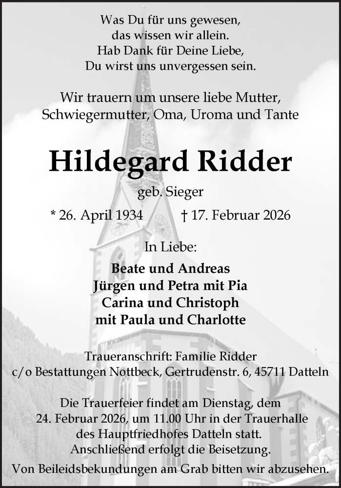  Traueranzeige für Hildegard Ridder vom 21.02.2026 aus Trauer Vest
