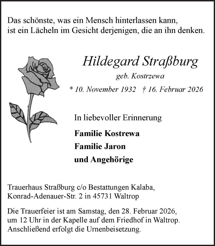  Traueranzeige für Hildegard Straßburg vom 21.02.2026 aus Trauer Vest