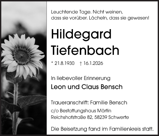 Traueranzeige von Hildegard Tiefenbach von Ruhr Nachrichten