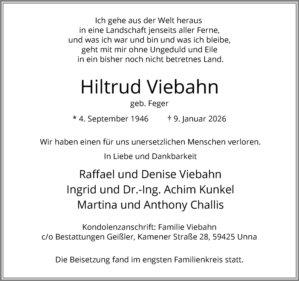  Traueranzeige für Hiltrud Viebahn vom 07.02.2026 aus Hellweger Anzeiger