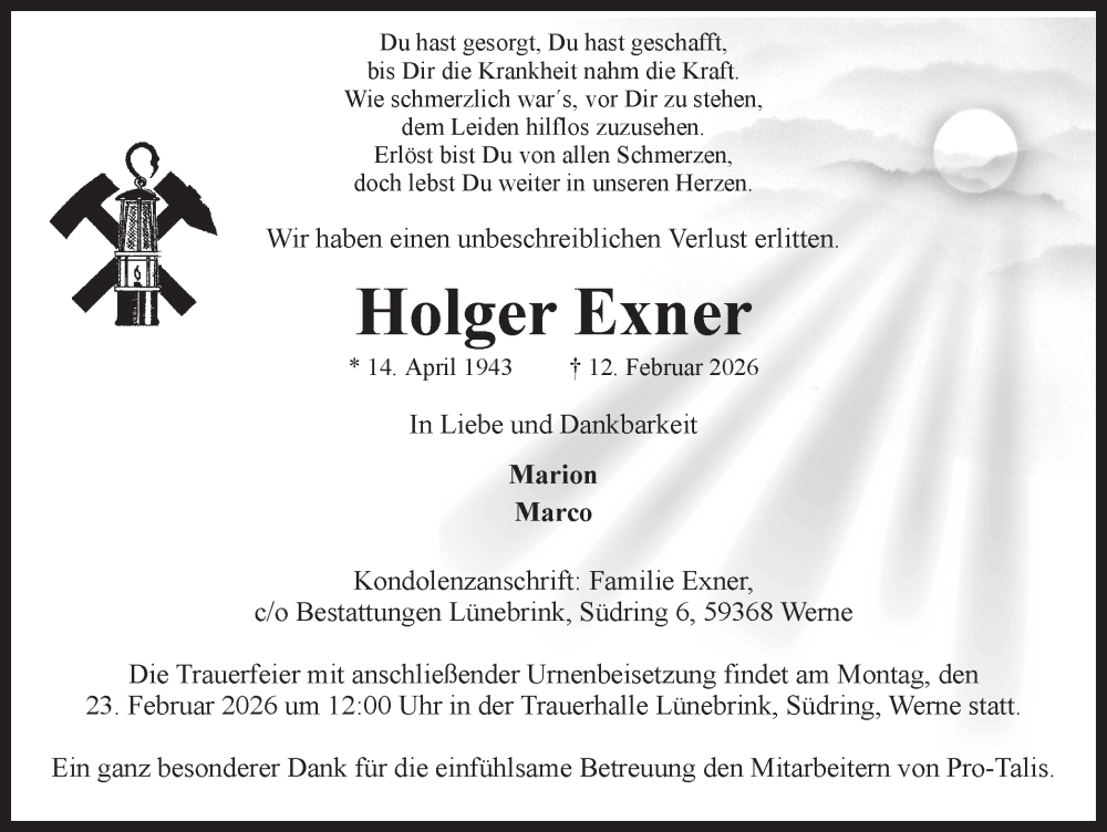  Traueranzeige für Holger Exner vom 19.02.2026 aus Ruhr Nachrichten