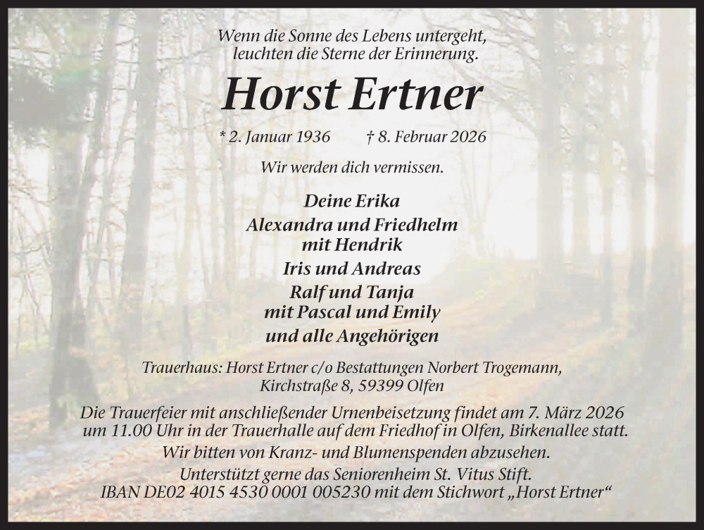  Traueranzeige für Horst Ertner vom 21.02.2026 aus Ruhr Nachrichten