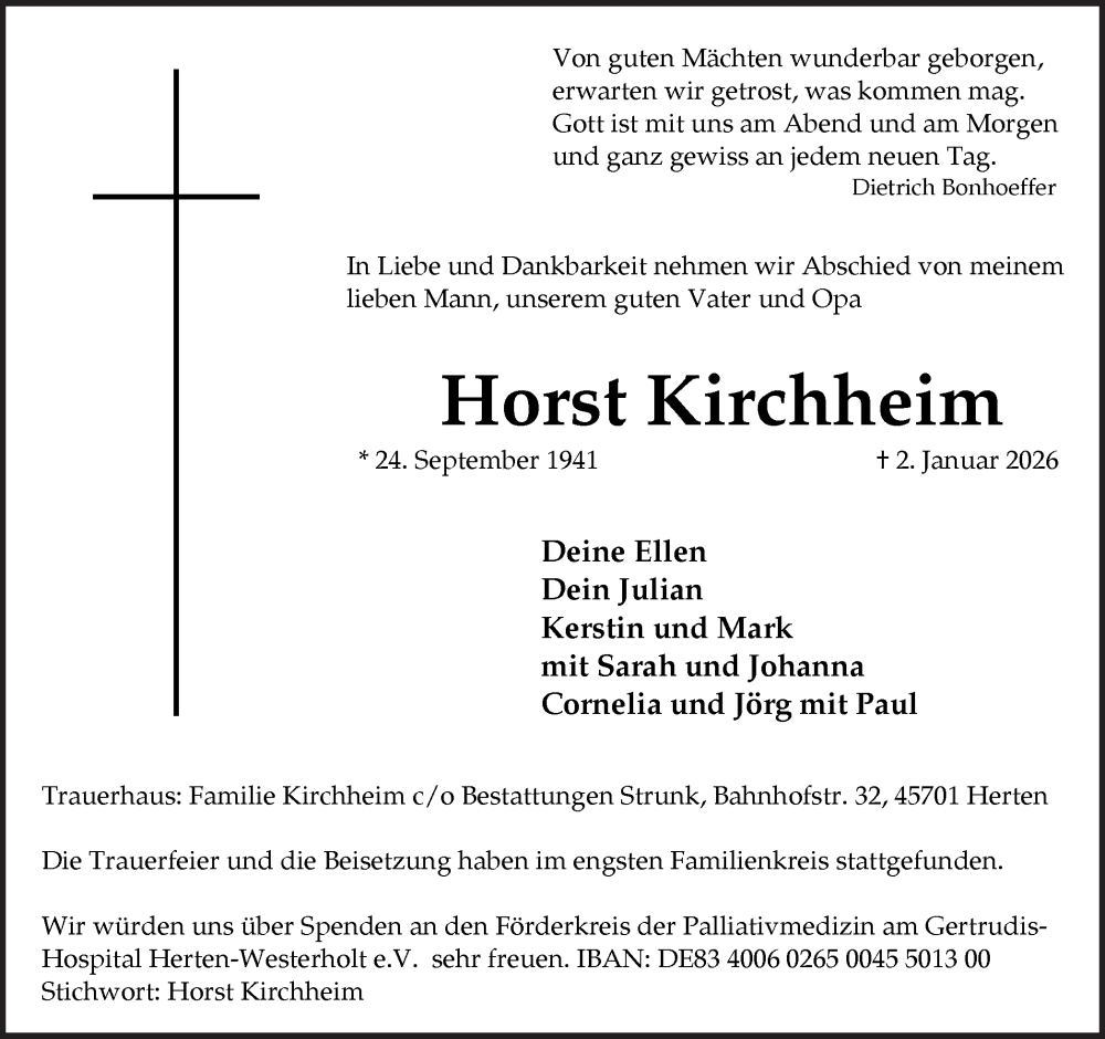  Traueranzeige für Horst Kirchheim vom 07.02.2026 aus Trauer Vest