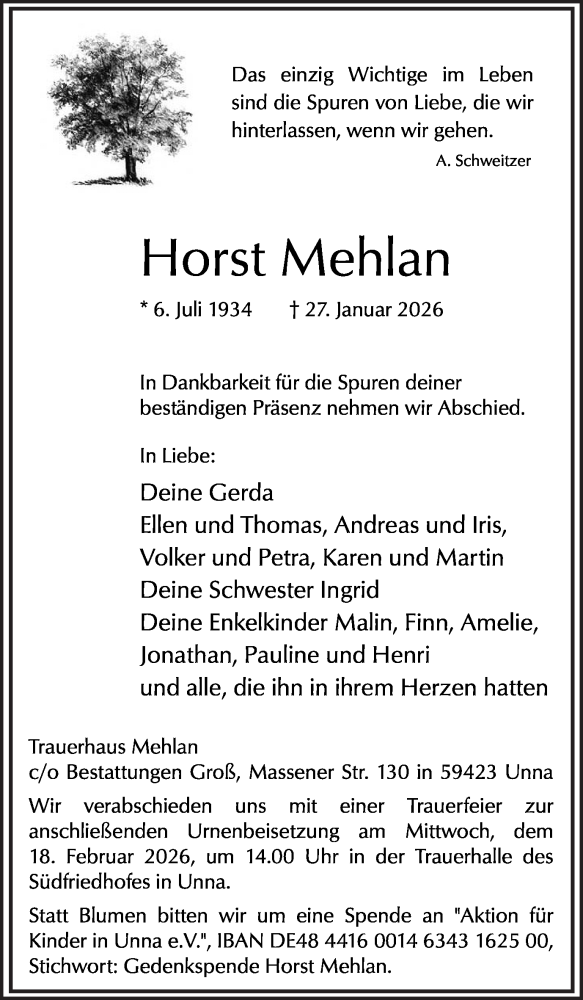  Traueranzeige für Horst Mehlan vom 07.02.2026 aus Hellweger Anzeiger