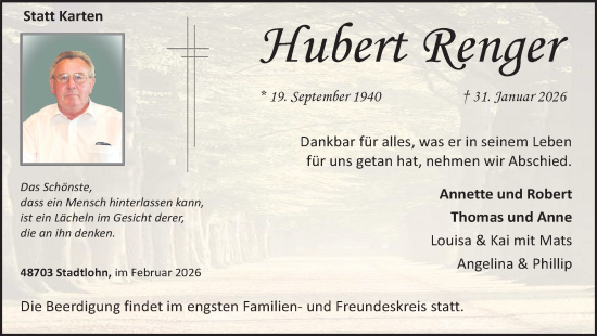 Traueranzeige von Hubert Renger von Münsterland Zeitung