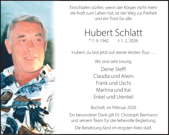 Traueranzeige von Hubert Schlatt 