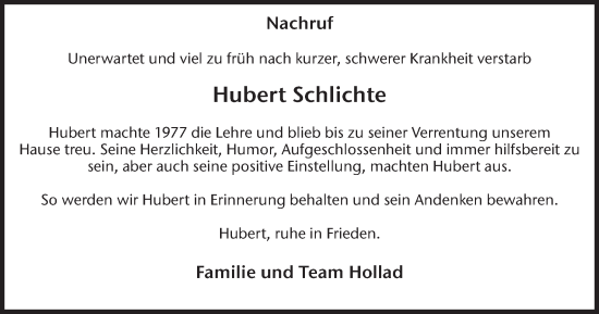 Traueranzeige von Hubert Schlichte von Münsterland Zeitung