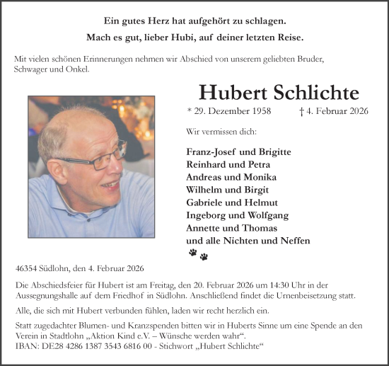 Traueranzeige von Hubert Schlichte von Münsterland Zeitung