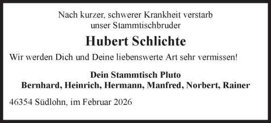 Traueranzeige von Hubert Schlichte von Münsterland Zeitung