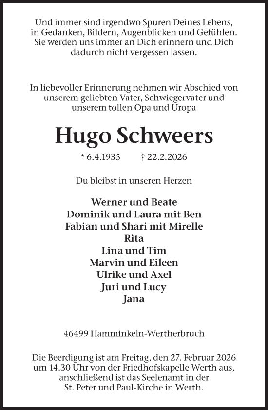 Traueranzeige von Hugo Schweers 