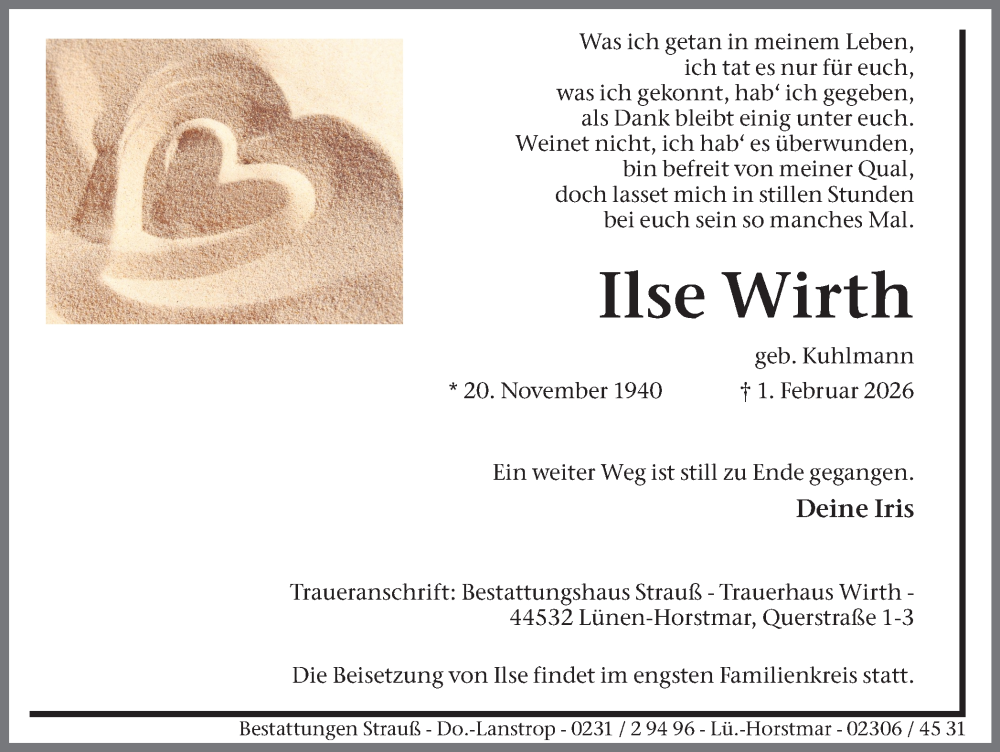  Traueranzeige für Ilse Wirth vom 07.02.2026 aus Lüner Anzeiger