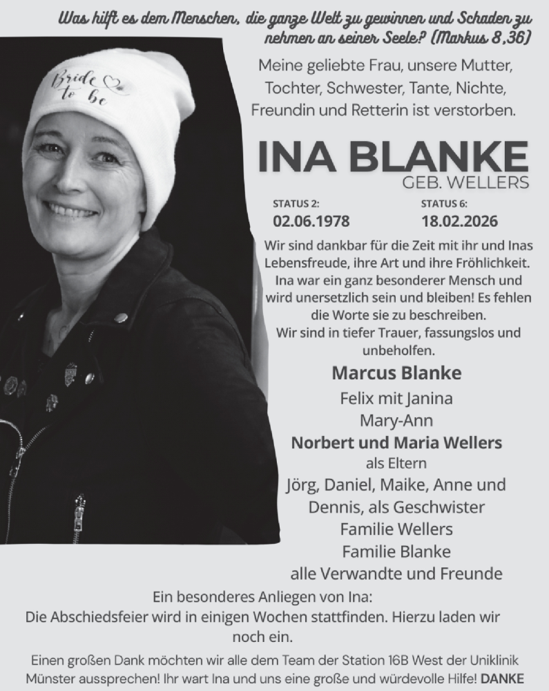  Traueranzeige für Ina Blanke vom 25.02.2026 aus Münsterland Zeitung
