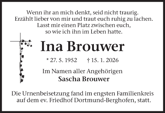 Traueranzeige von Ina Brouwer von Ruhr Nachrichten