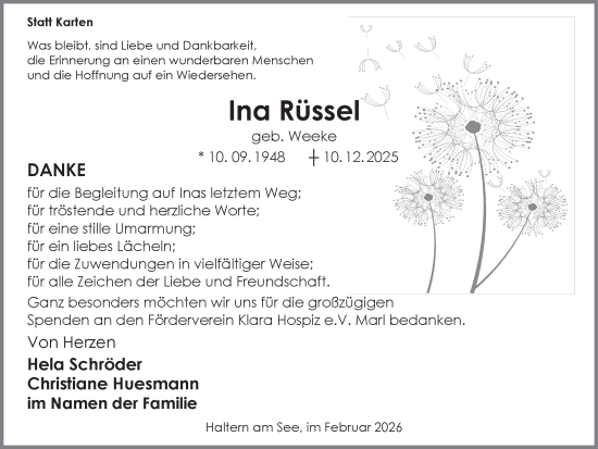 Traueranzeige von Ina Rüssel von Ruhr Nachrichten und Halterner Zeitung