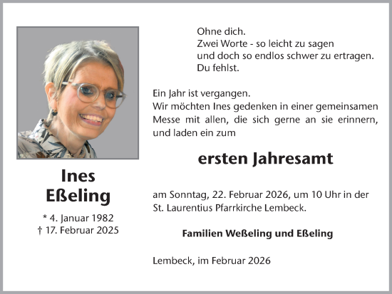Traueranzeige von Ines Eßeling von Ruhr Nachrichten und Dorstener Zeitung