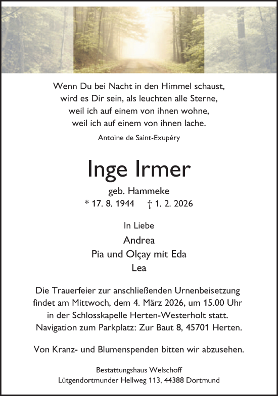Traueranzeige von Inge Irmer von Ruhr Nachrichten