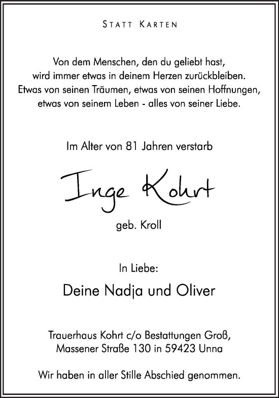 Traueranzeige von Inge Kohrt von Hellweger Anzeiger